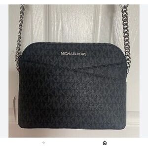 Michael Kors Black Monogram Crossbody Bag with Silver Chain